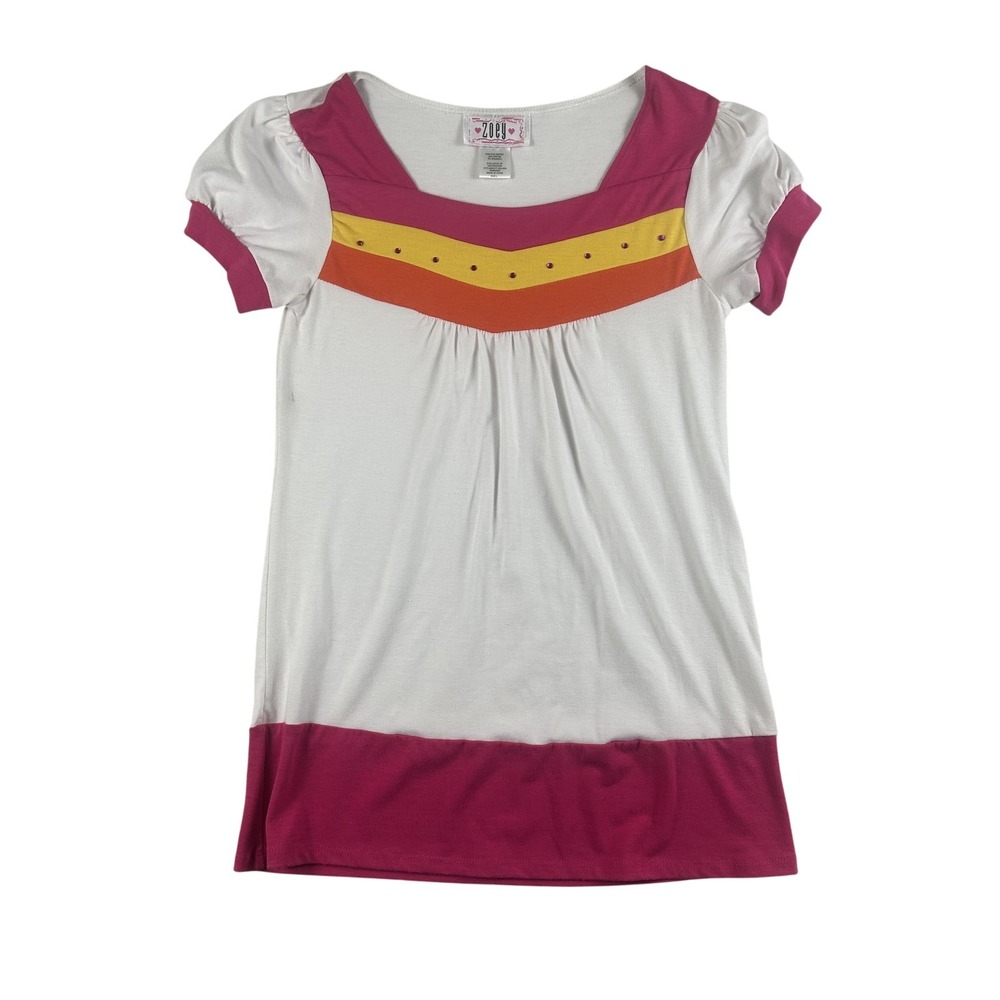 Vintage Zoey Shirt Womens Small Banded Colorblock Y2K Tunic Rhinestone Top 2000s